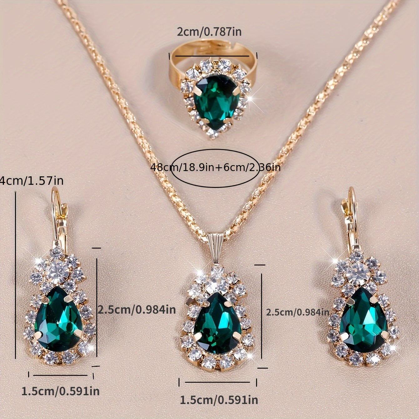 Complete your look with this elegant jewelry set featuring 4 pieces - earrings, necklace, and ring. Made with 18k gold plating and inlaid with shimmering zirconia in multiple colors to suit your style. Perfect for daily wear or adding a touch of glamour