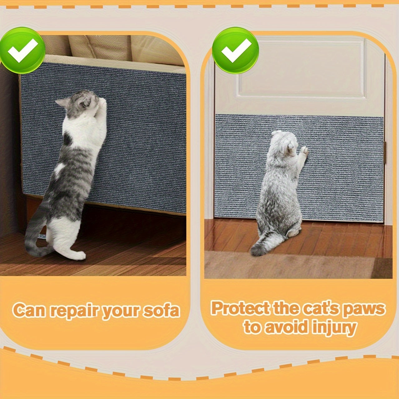 Durable cat scratching mat made of long-lasting polyester, easy to install and customizable for furniture protection and claw care.