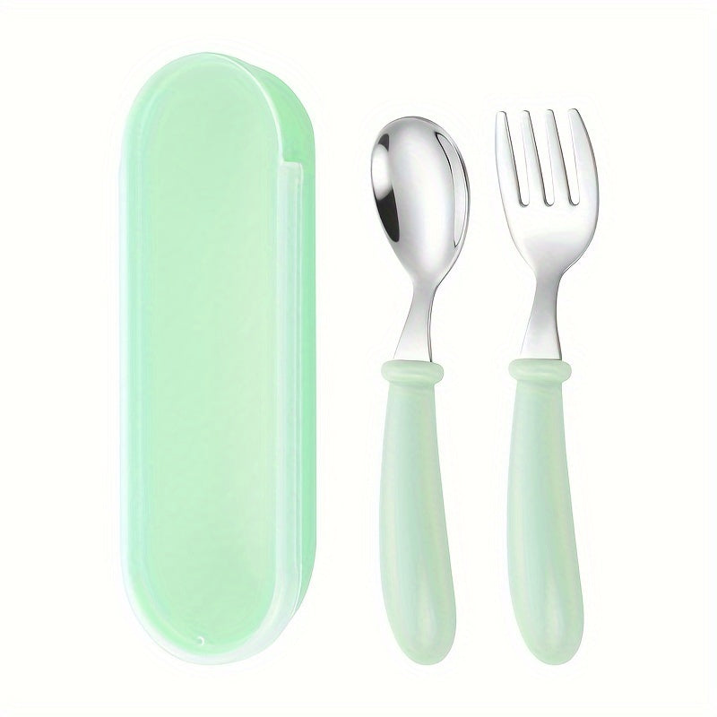 Set of 3 stainless steel youngsters' utensils with colorful handles, dishwasher safe. Includes fork and spoon in blue geometric pattern in pink and green cases.