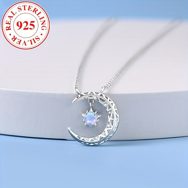 Luxurious 925 Sterling Silver Moon Pendant Necklace with Synthetic Blue Zirconia, June Birthstone - Perfect Gift for Women for Daily & Special Occasions.