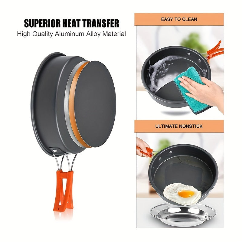 Portable camping cookware set for 2-3 people includes pot, pan, kettle, utensils, and foldable storage.