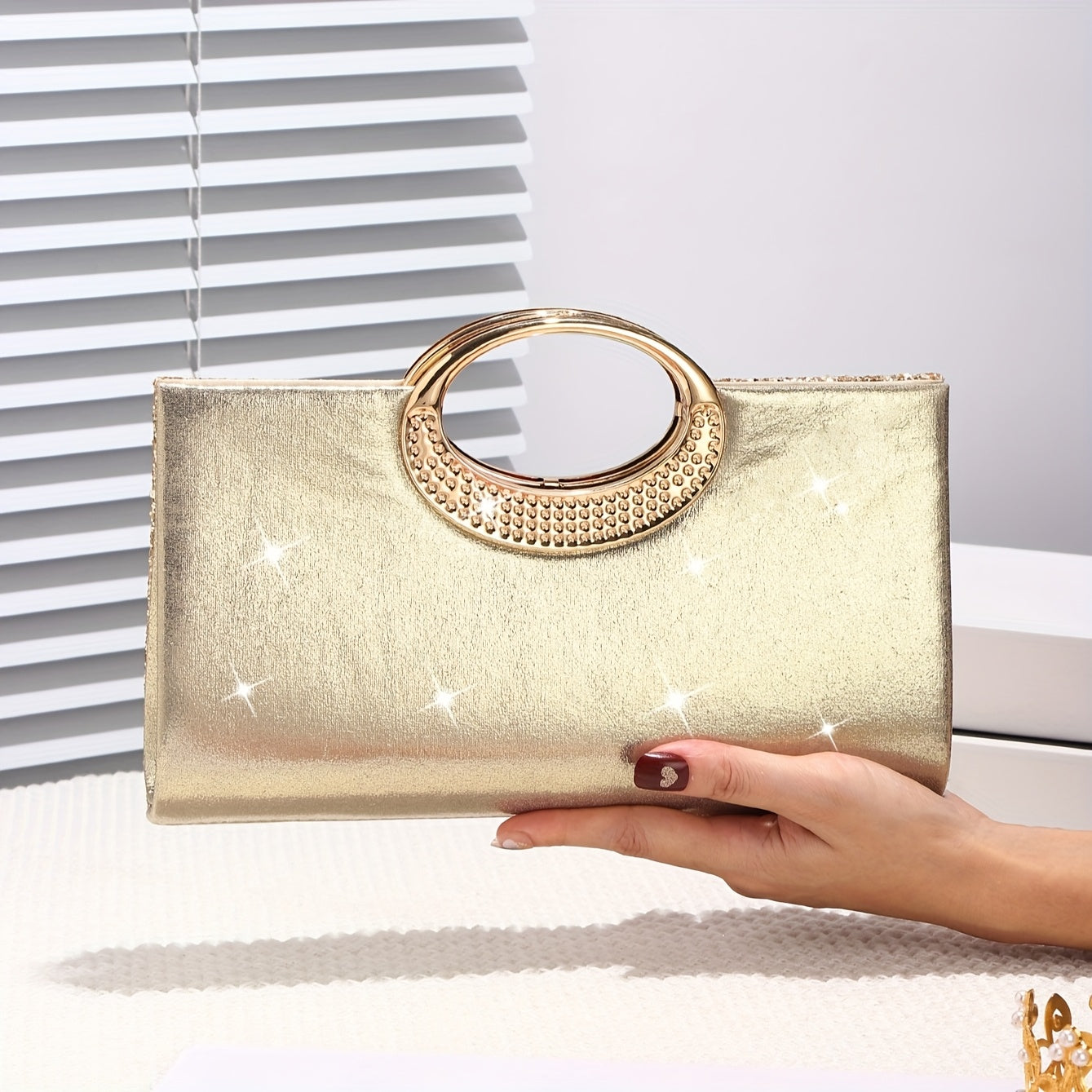 Sequin evening handbag with golden accents, perfect for weddings, parties, dances, and special occasions.