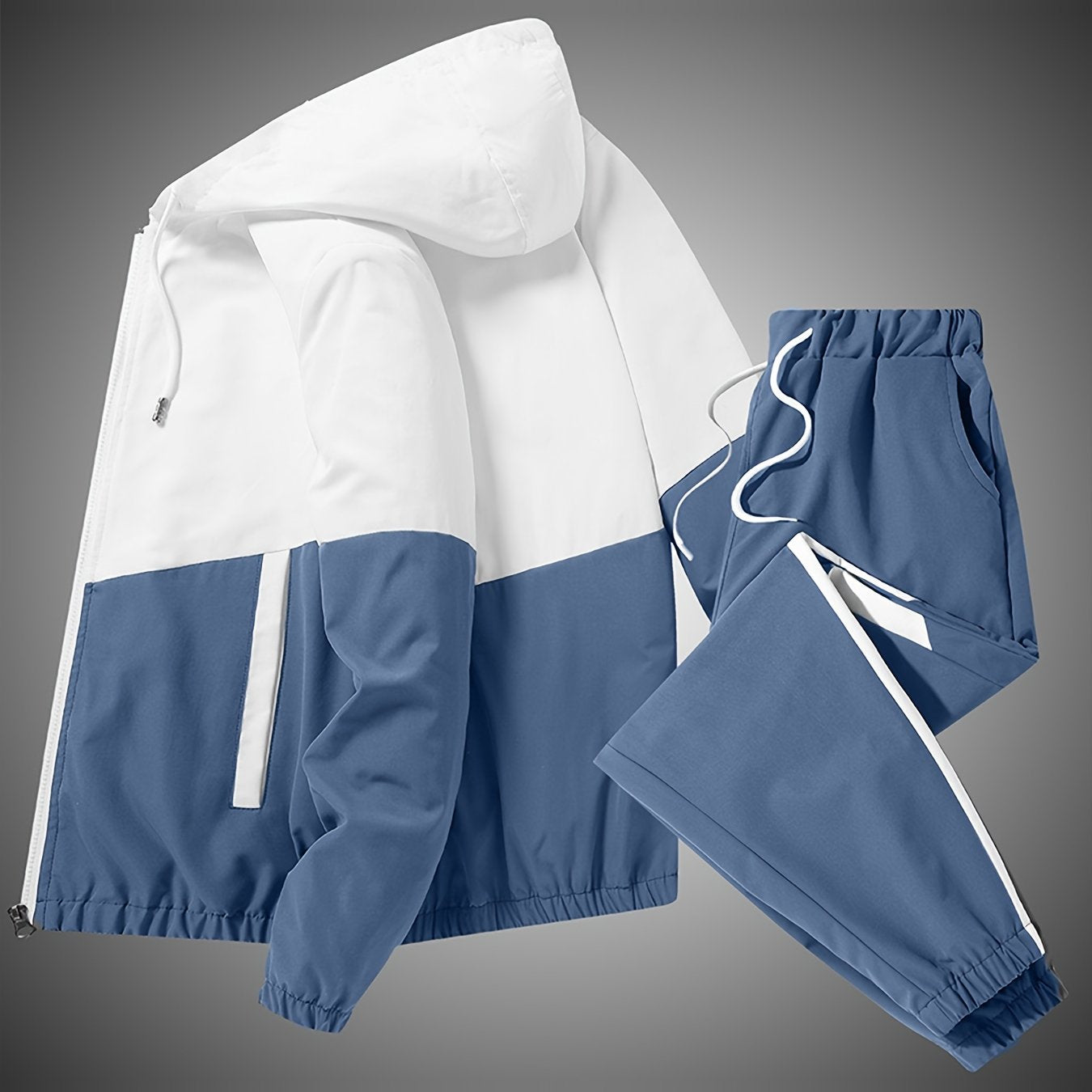 Stylish men's sportswear set with hooded jacket and long pants.