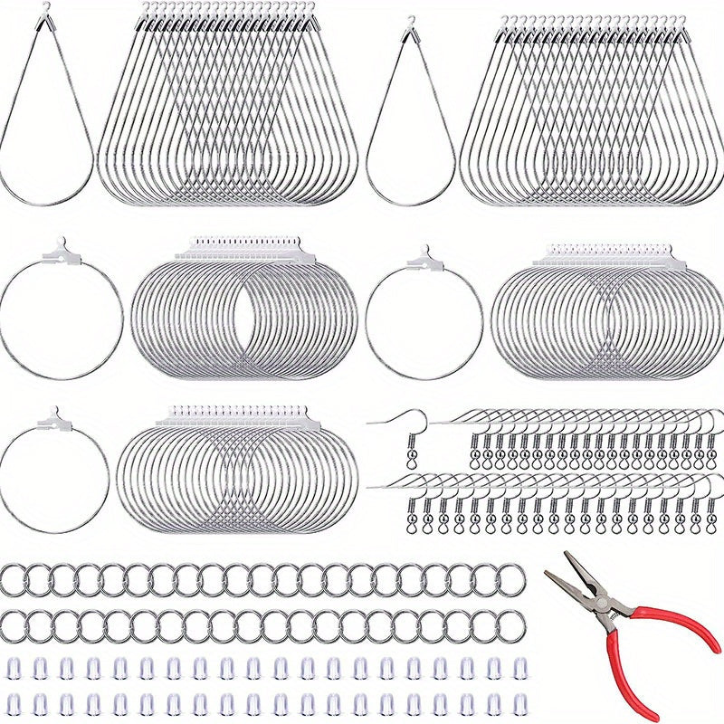 This listing includes a set of 400 earring making kits, featuring 100 earring hooks, 100 open jump rings, 100 earring backs, 100 teardrop and round beads, and circular earring supplies in silvery color. With pliers included as a gift, this set is perfect