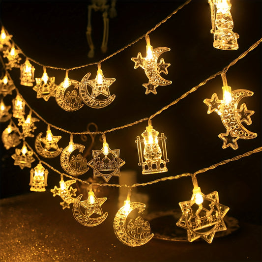 Elegant Ramadan string lights 
- Available in 2m or 3m length
- Features 10 or 20 LEDs in a moon and star crescent design
- Emit a warm golden glow
- Battery-operated
- Ideal for home