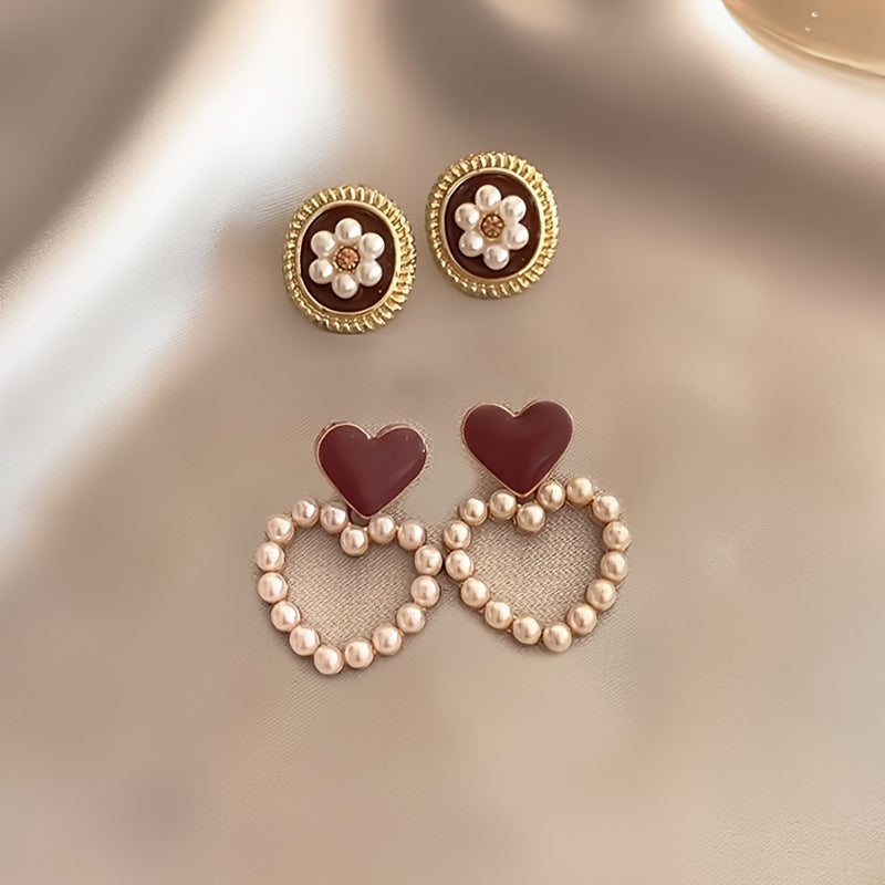 5 pairs of elegant faux pearl love heart earrings for women, suitable for daily wear and dating.