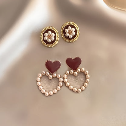 5 pairs of elegant faux pearl love heart earrings for women, suitable for daily wear and dating.