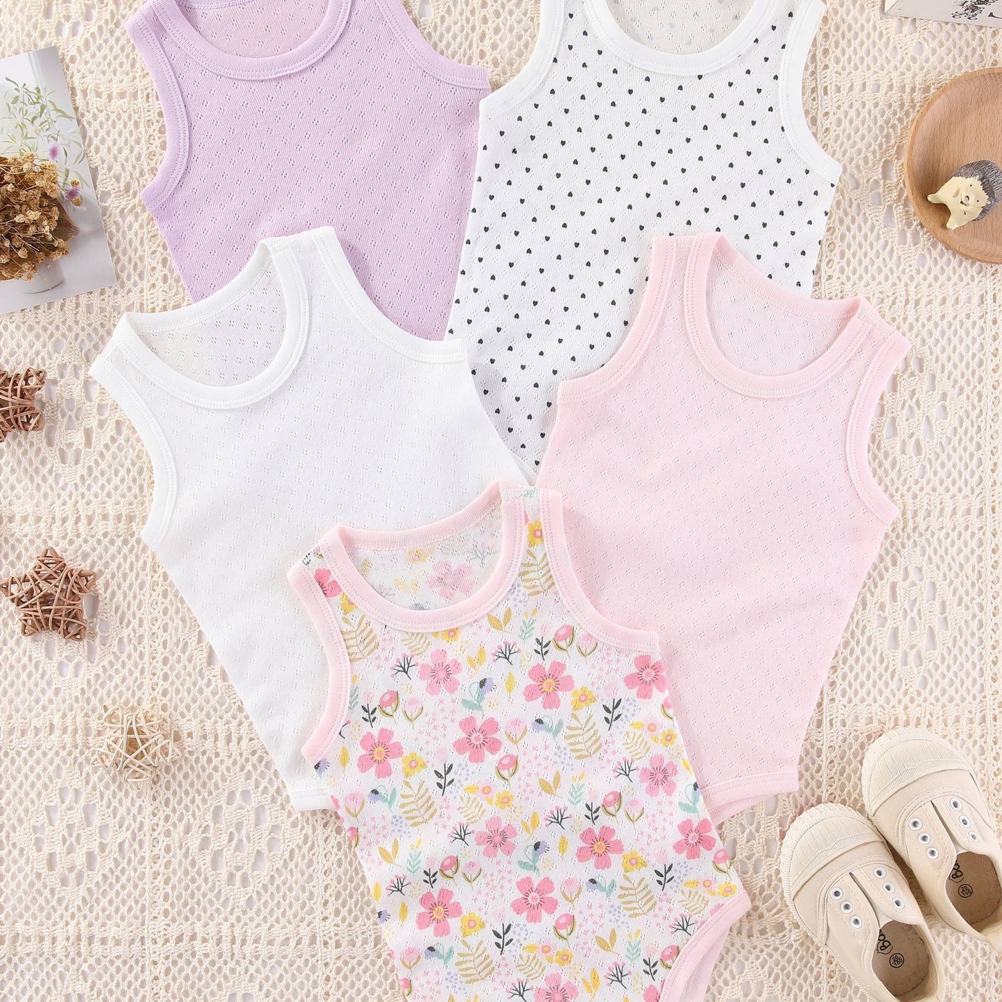 5 adorable floral cotton rompers for baby girls - comfy sleeveless onesies, machine washable.