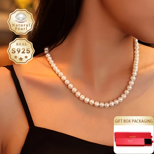 MUFAN Elegant S925 Silver Freshwater Pearl Necklace featuring 7-8mm Lustrous White Pearls, Perfect for Women. This necklace is an ideal June birthstone gift, and it comes in a stylish red gift box. Each pearl has its own unique shape and color variation