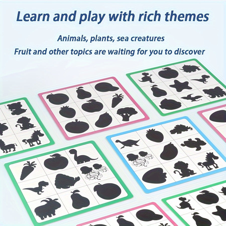 Wooden brain teaser puzzle for kids, helps with shape recognition and cognitive development through fun animal and fruit shadow matching game.