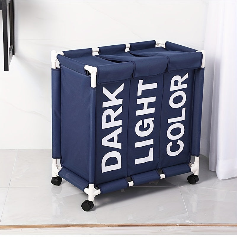 Mobile laundry basket with 1 grid, large hamper bin on wheels with 3 compartments. Waterproof bags for organizing and storing dirty clothes in the home. Great for home organization.