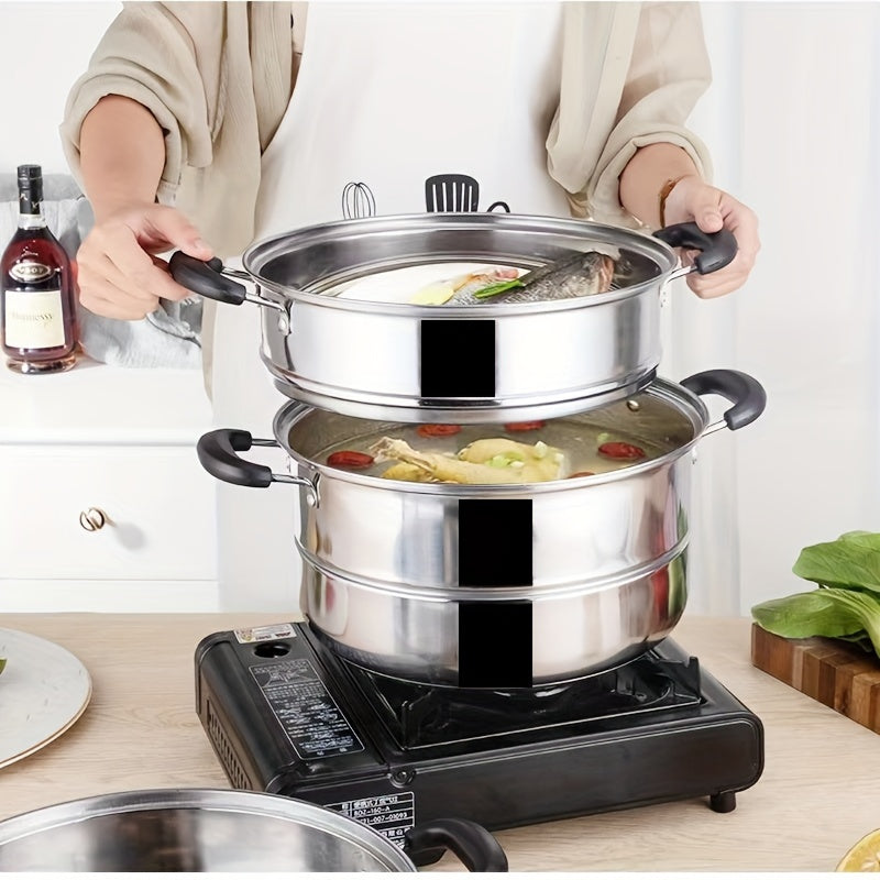 Durable Stainless Steel Steamer Set - 2/3 Layers, Thickened for Longevity, Complete with Stockpot & Ladle - Great for Cooking, Steaming, and Soups - Suitable for Home and Commercial Kitchens, Spacious Design