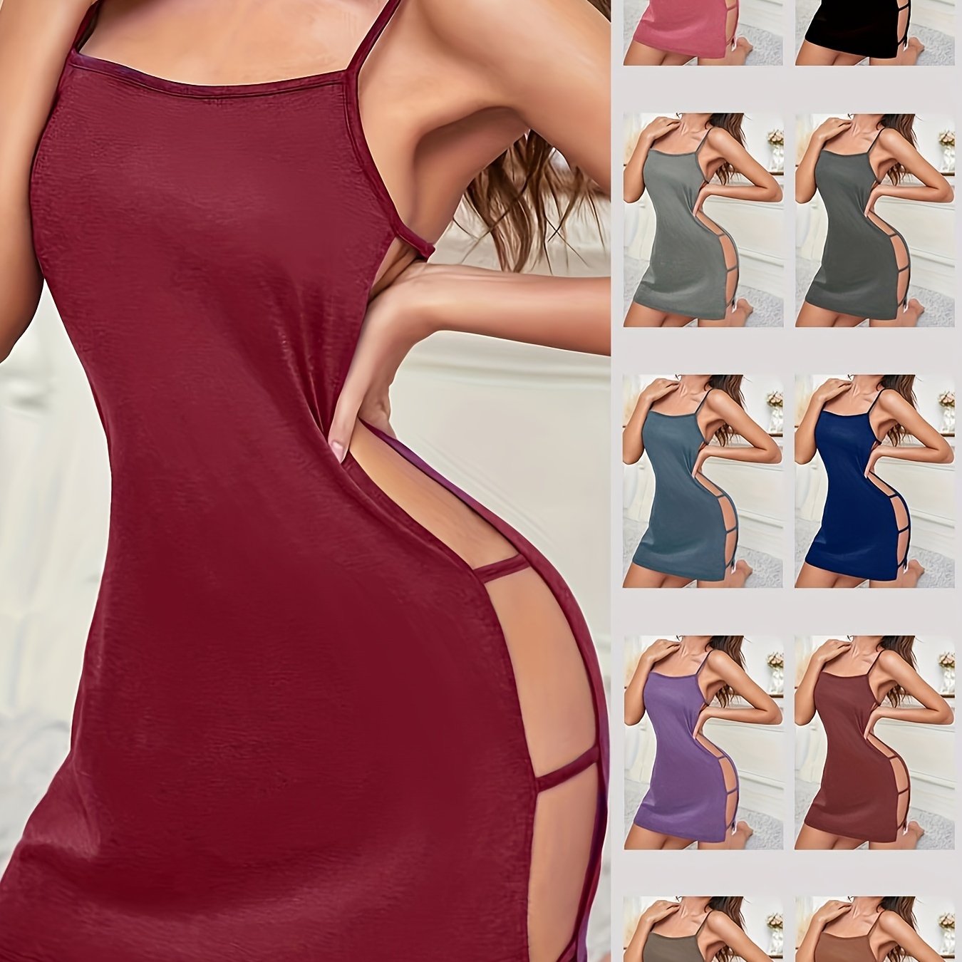 Seductive nightgown with backless round neck and side cutouts, perfect for women's sleepwear.