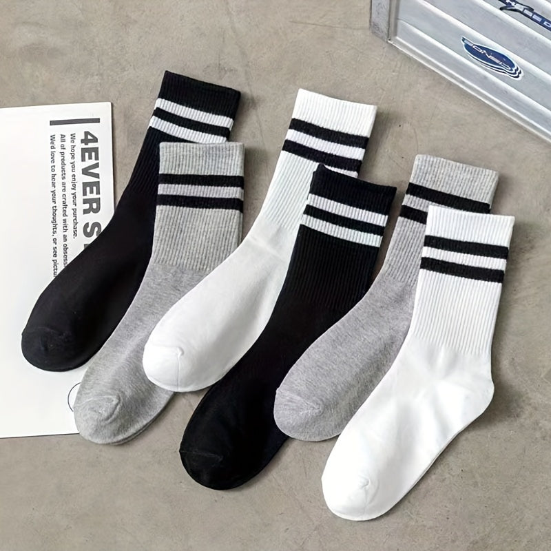 3 pairs of trendy men's striped crew socks, breathable and comfy for outdoor wear.