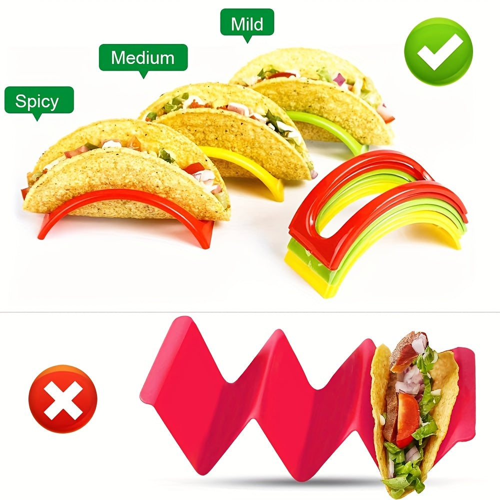 Taco holder set includes 3, 6, 12, and 18pcs, colorful and reusable. Can also be used as pancake rack or tortilla holder. A handy kitchen gadget.