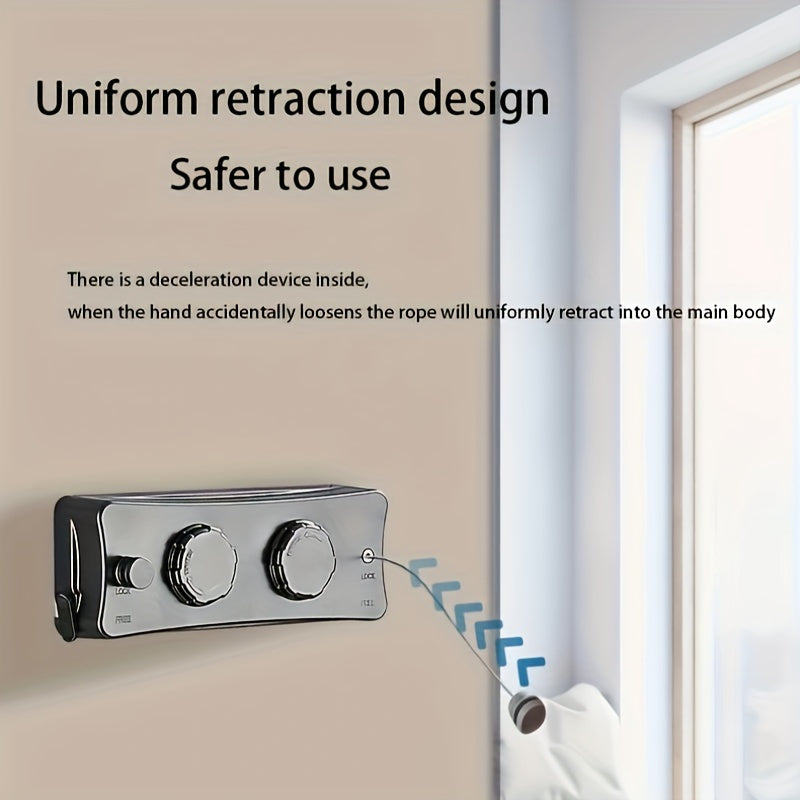 One-piece Invisible Retractable Clothesline made of stainless steel for indoor and outdoor use. Ideal for balcony storage and capable of holding heavy loads. Features 304 stainless steel wire rope.