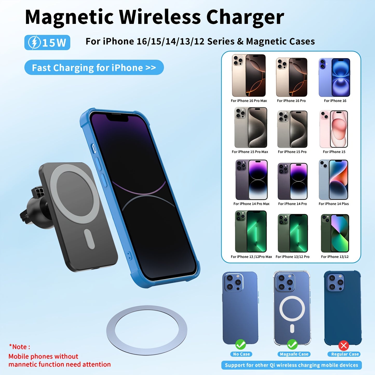 15W Universal Fast Charging Magnetic Wireless Car Phone Holder for iPhone 12-16 with strong suction and single touch installation on car air outlet.