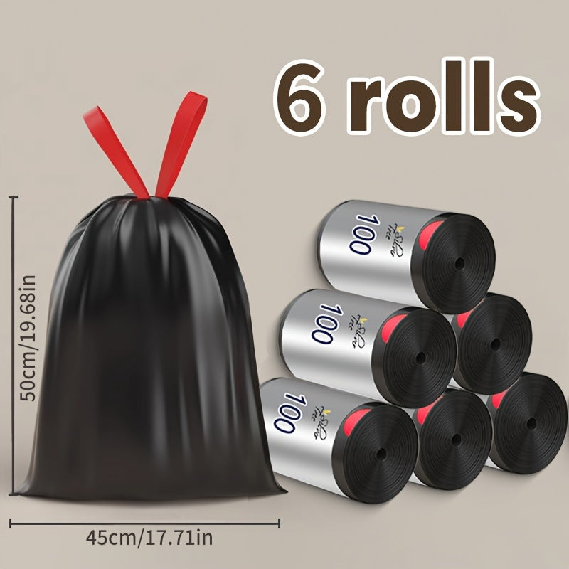 Heavy-duty, leak-proof polyethylene drawstring garbage bags come in a pack of 6 rolls. These thick bags have an automatic closure for easy cleaning and are perfect for use in the home, office, living room, bedroom, bathroom, toilet, and kitchen. Ideal