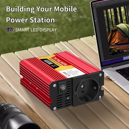 2500W-600W car power inverter with multi-function charger plug, converting DC 12V to AC 220V. Includes USB charger for RV, travel, and Euro regulation sockets. No battery required.