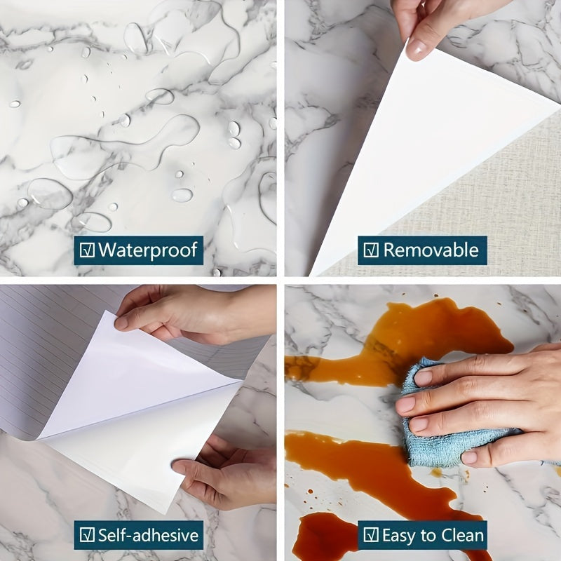 Roll of waterproof adhesive film with a marble pattern that is resistant to heat and oil. Ideal for lining kitchen and bathroom cabinets, drawers, and furniture during renovations. This non-food contact home decor solution is perfect for adding a touch