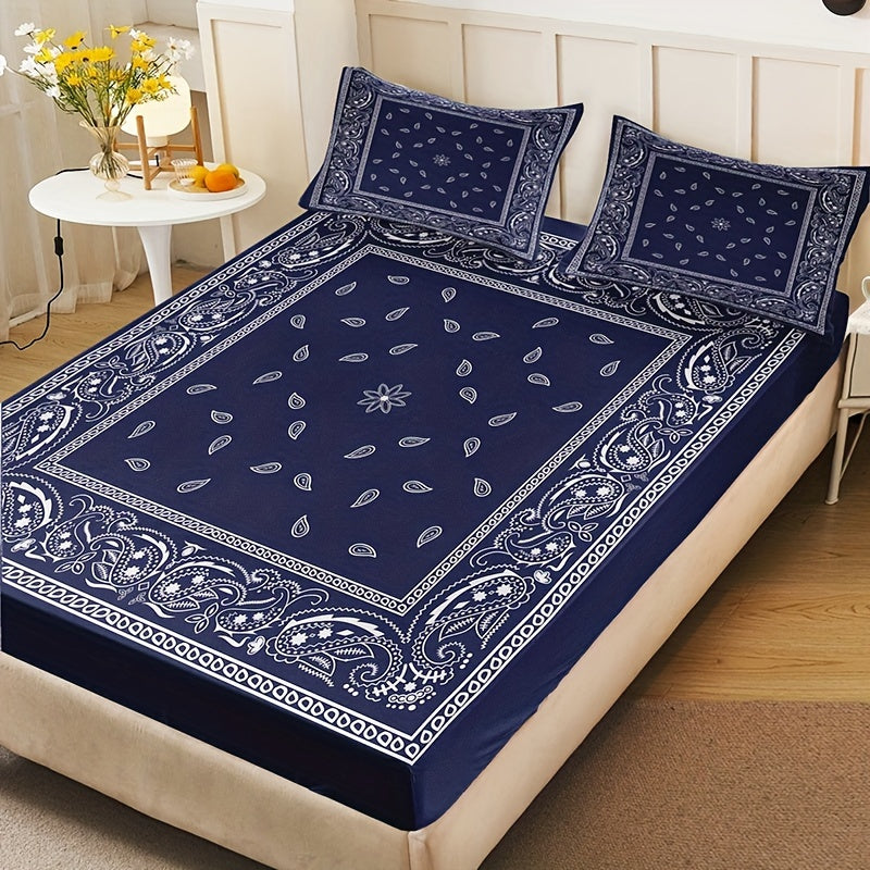 Boho Chic Paisley Print Bedding Set - Includes 1 Fitted Sheet and 2 Pillowcases, Made of Breathable Polyester, Machine Washable - Ideal for Year-Round Use