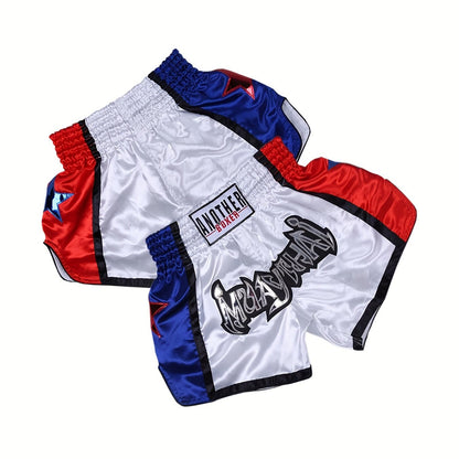 AUTHENTIC VANDALS" Boxing Training Shorts - Lightweight non-stretch polyester with padded support for combat sports in black/blue/red.