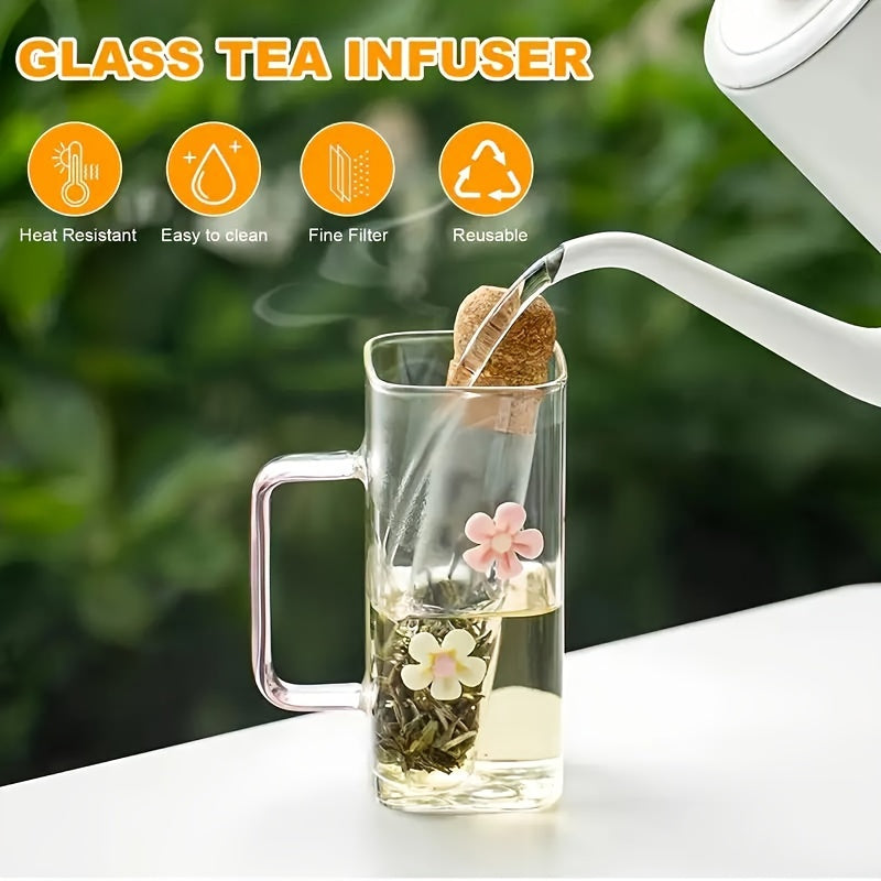 This innovative glass tea steeping device features a cork plug and a flower tea test tube, made from high borosilicate glass for portability. Ideal for steeping Pu'er, black, green, and fruit health teas, it fits most cups and mugs. Transparent tea