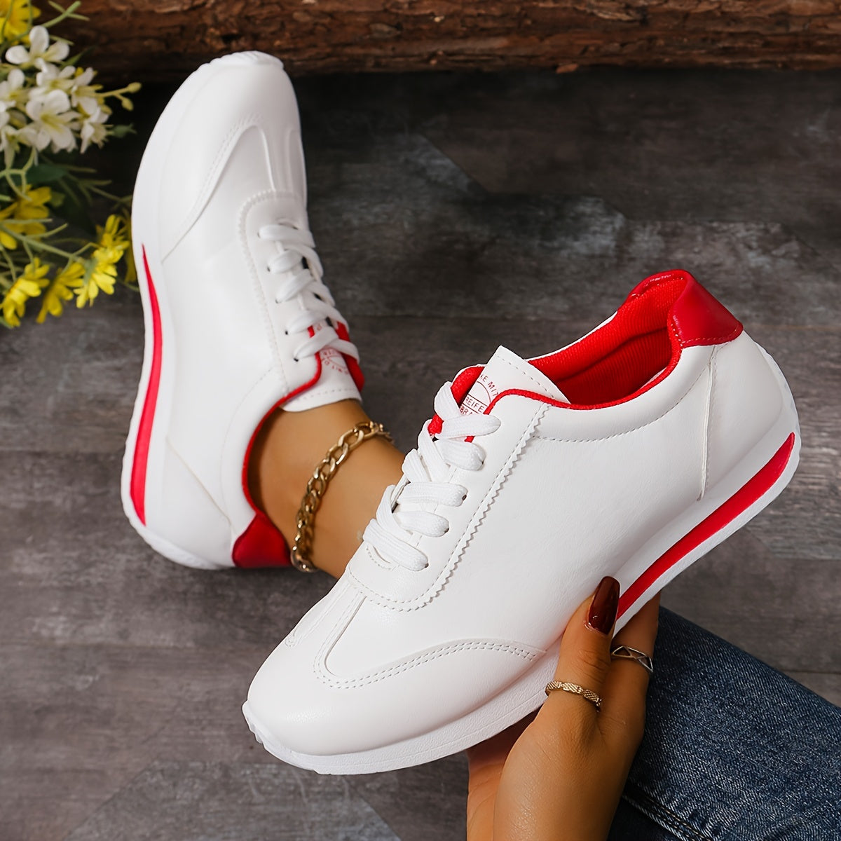 Women's casual sneakers with solid color, lace-up platform, soft sole, and non-slip running trainers.