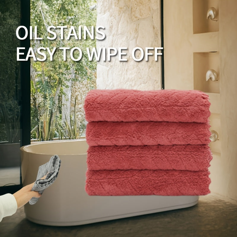 Set of 4 square towels measuring 27.94*27.94cm. Soft, absorbent, versatile for bathroom and household use.