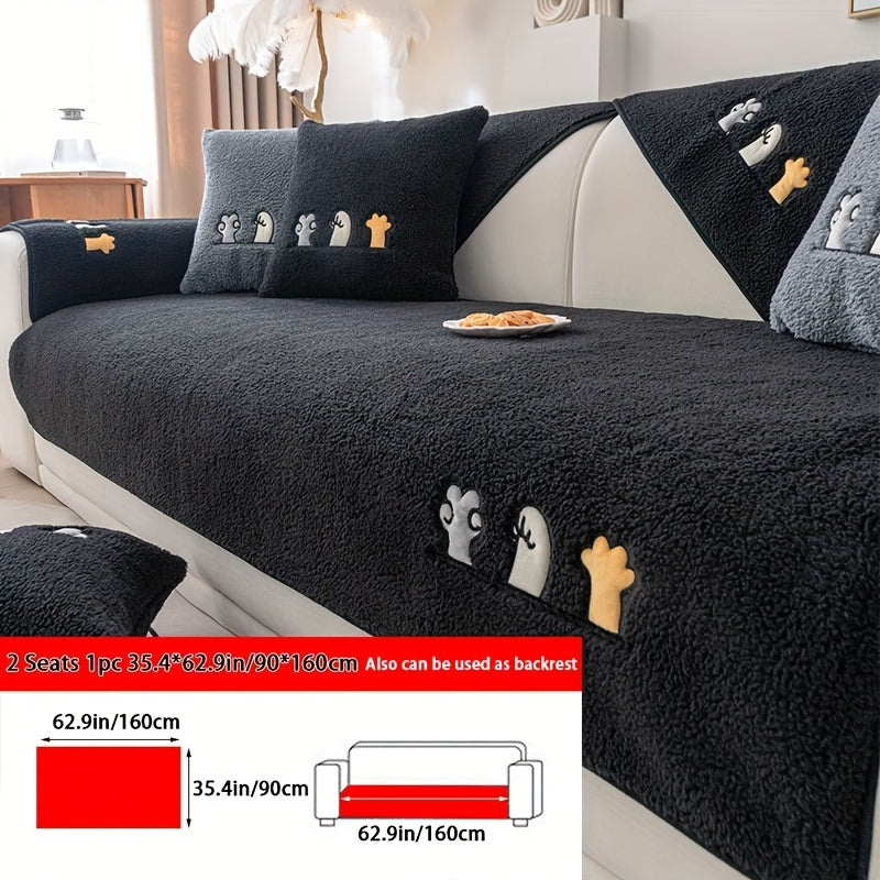 Plush Shearling Sofa Cover with Animal Embroidery - Pet-Friendly, Non-Slip Protector for All Sofa Sizes - Soft Decor for Living Room, Bedroom, Office.