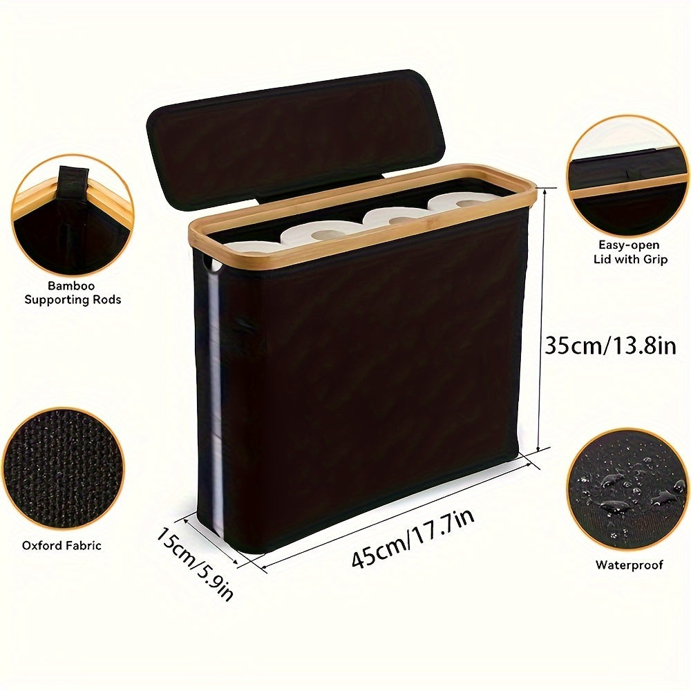 One sleek black bamboo storage basket for the bathroom featuring a handle and lid. This rectangular organizer is perfect for neatly storing tissue rolls, hand towels, and other bathroom accessories. Its ultra-thin design makes it ideal for small spaces