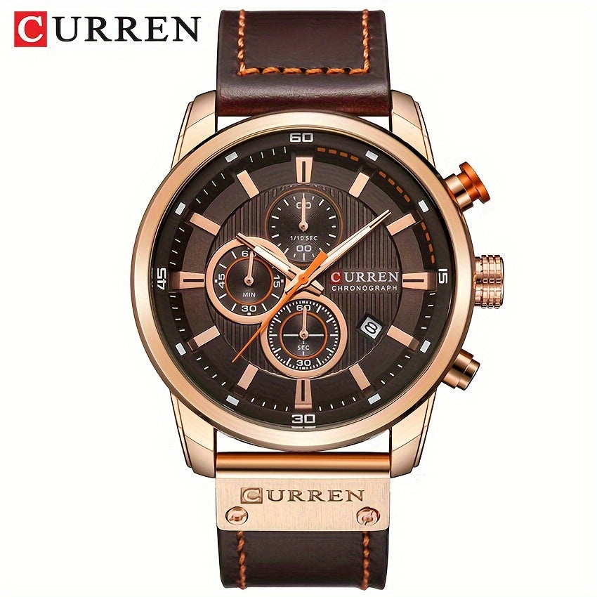 A sleek men's sports watch featuring a variety of functions, a durable PU leather strap, and an automatic date display.