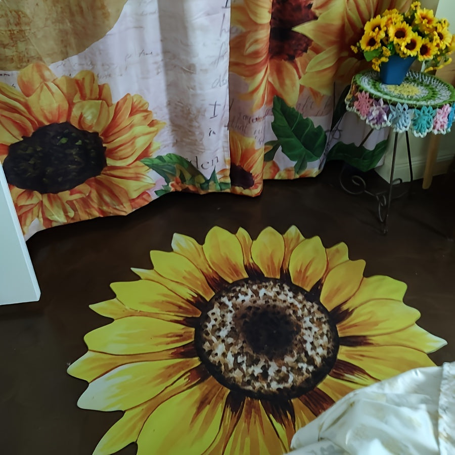 Upgrade your space with our Vibrant Sunflower-Inspired Area Mat! Made from soft polyester, this machine washable mat is perfect for the living room, bedroom, cloakroom, and more. Add a pop of color to any space with this stylish rug, perfect for