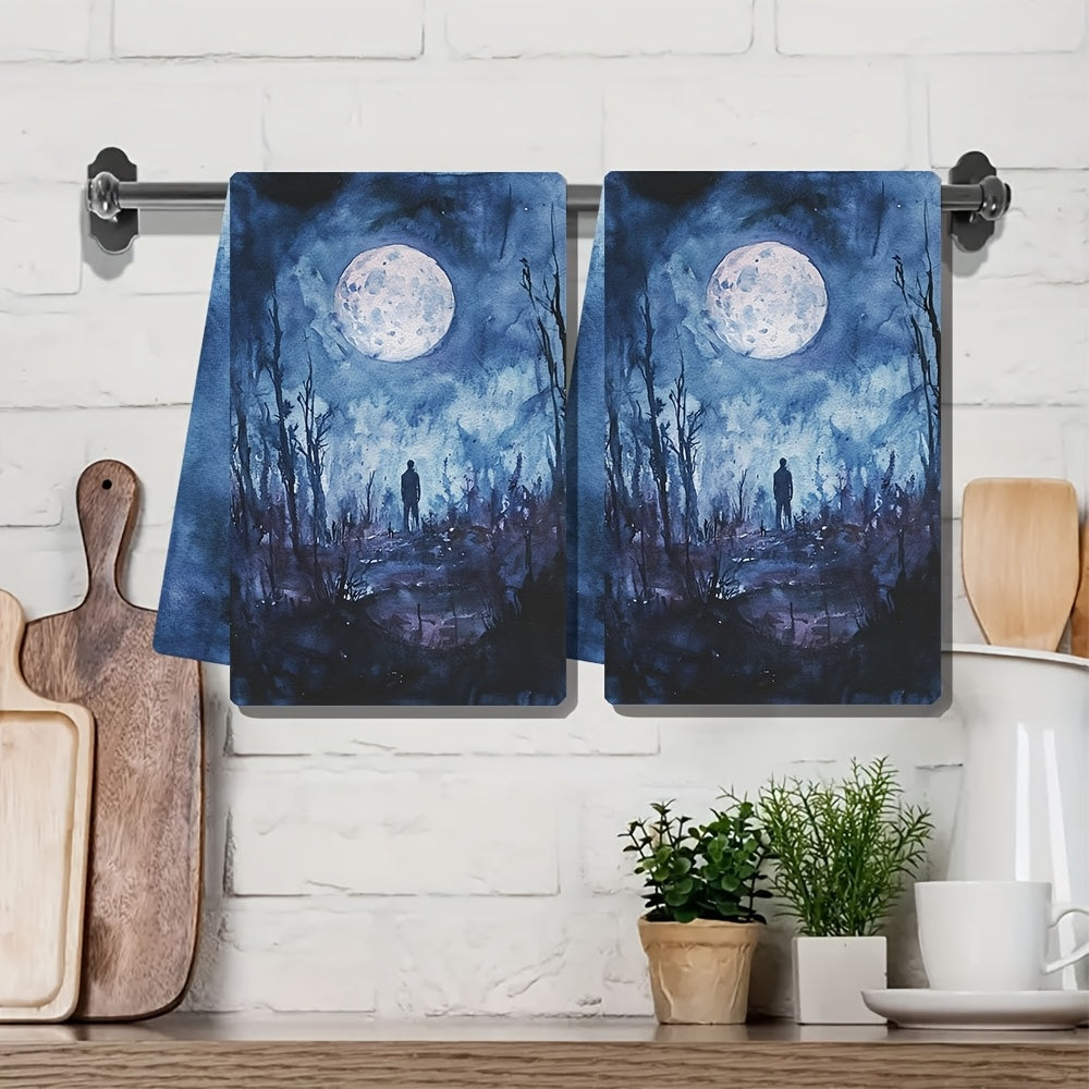 Set of 2 Ultra Soft Kitchen Towels featuring a Supernatural Night Theme with Full Moon & Shadowy Figure. These highly absorbent Polyester Dish Hand Towels are machine washable and measure 40.64x60.96 cm. Perfect for Holiday Decor and everyday use in the