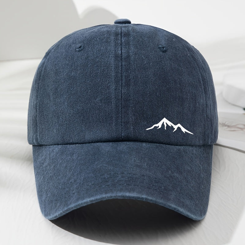 Retro baseball cap with mountain view print, soft top dad's hat, sun protection, ideal for sports, fishing, picnic, and camping.