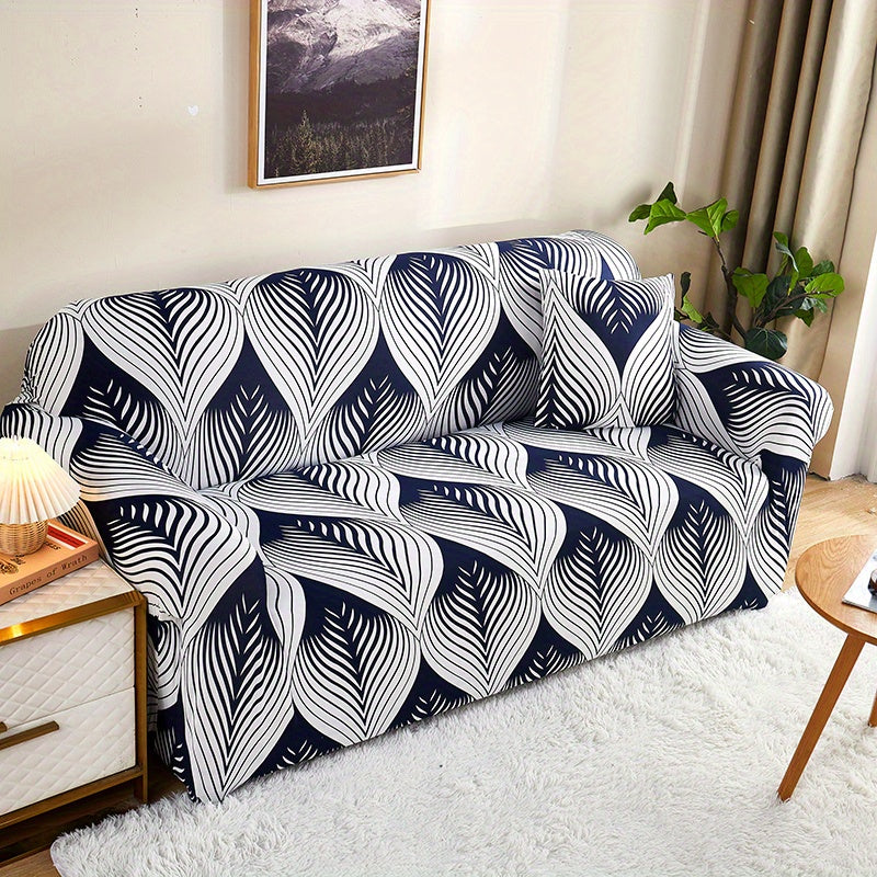 Modern printed sofa slipcover with elastic closure, made of 95% polyester and 5% spandex. Machine washable with active printing and stitched craftsmanship. Fits armchairs to sectional sofas, weighing 100-120gsm fabric.