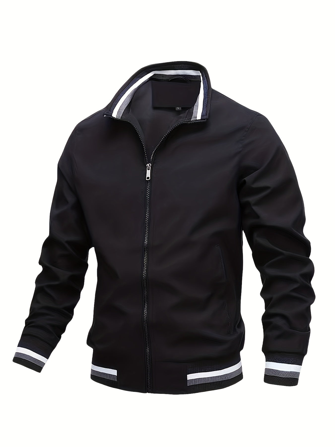 Men's trendy lightweight long sleeve jacket with zipper, stand collar, pockets, and stripe pattern. Ideal for outdoor activities in spring and autumn.