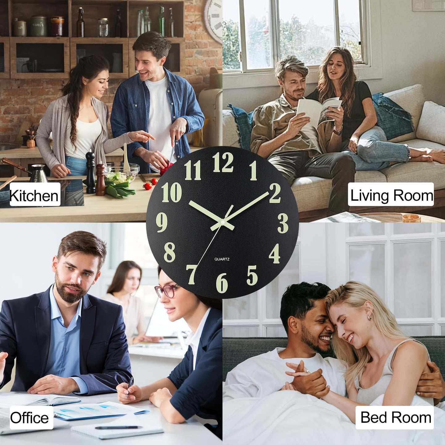 Black glow-in-the-dark wall clock with retro design and silent non-ticking mechanism. Features wooden frame, luminous green numbers for day and night display. Ideal for living room, bedroom, kitchen, or office decor. Batteries not included.