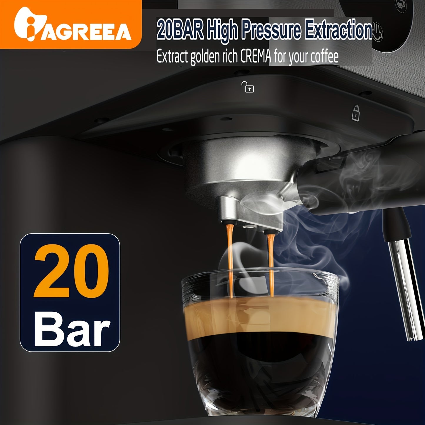 20 bar espresso mashinasi, 1.5L olib tashlanadigan suv tanki bilan. Espresso, latte va cappuccino uchun bug' quvuri bilan yarim avtomatik. 1050W, qish uchun bepul ulagich adapteri bilan.