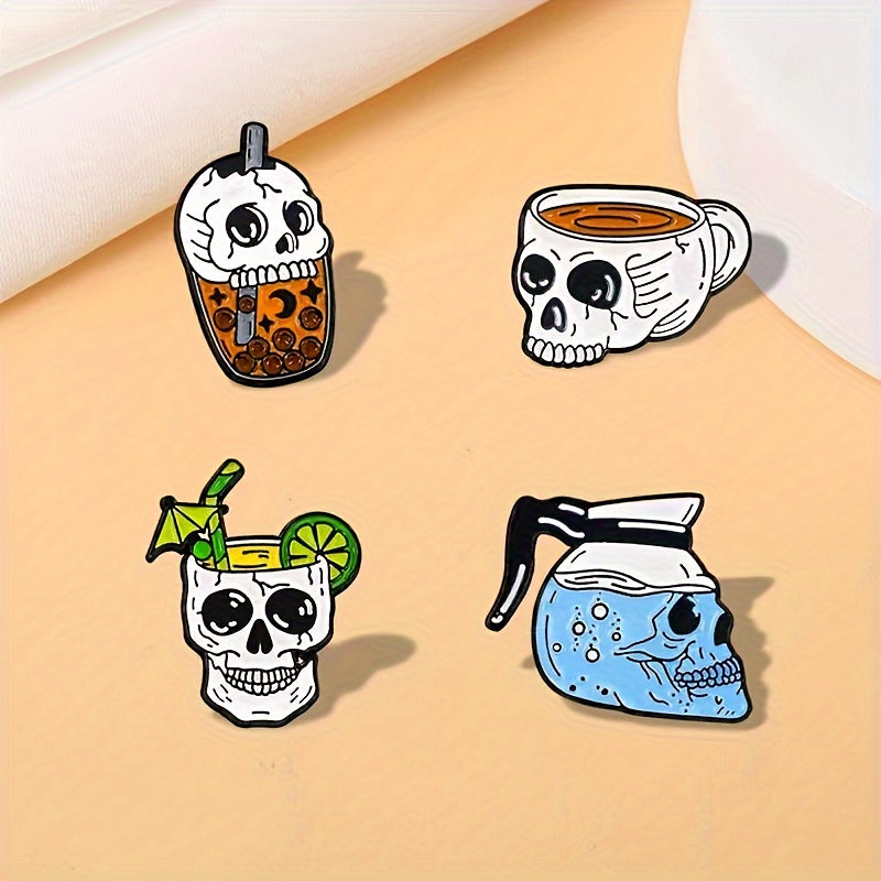 Set of 4 Halloween Enamel Pins featuring Adorable Cartoon Skulls and Coffee Cups - Perfect for Backpacks, Hats, and Jackets | Trendy Zinc Alloy Fashion Accessories