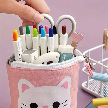 Canvas cat pencil case with zippered expandable design, 2-in-1 telescopic pouch for students.