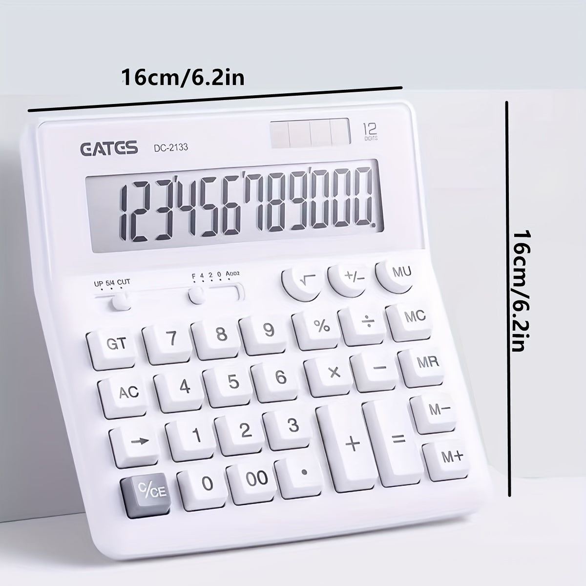 Stylish 12-digit pure white solar calculator for desktops, suitable for business use.