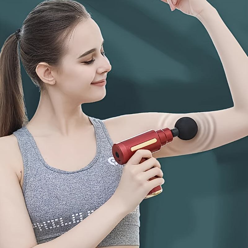 1pc Fascia Massager Gun with 4 replaceable massage heads, 6-speed mode adjustment and quiet brushless motor for muscle relief and sports recovery.