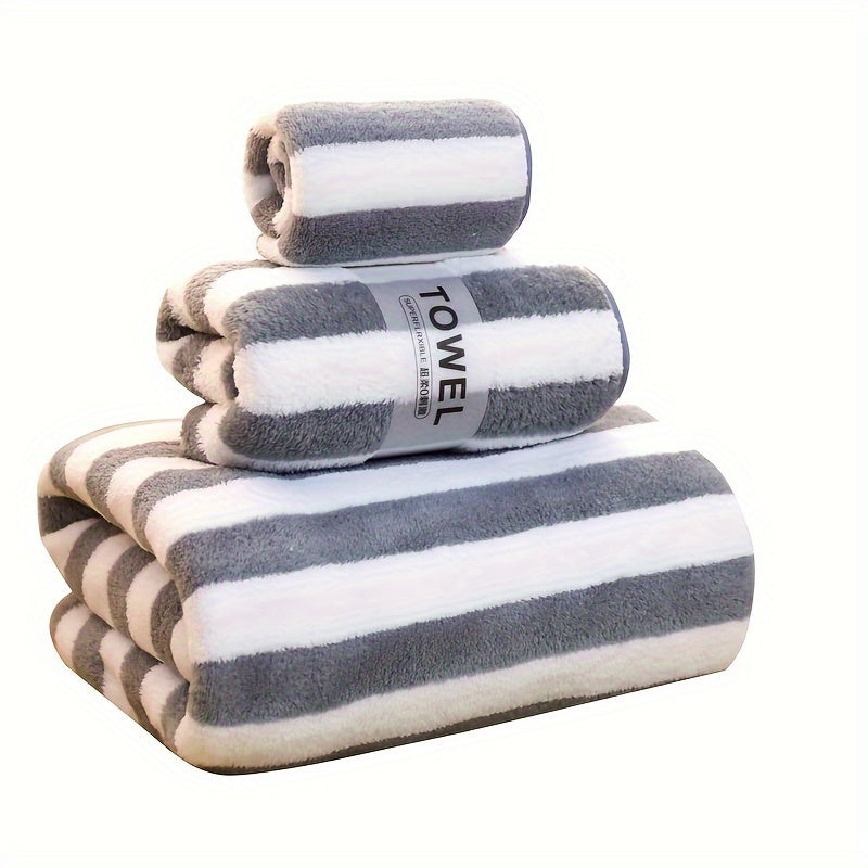 Luxury bath towel set in blue & white stripes - ultra-soft, highly absorbent microfiber. Includes large bath towel, bath towel, and washcloth. Lint-free, skin-friendly for home & hotel use. Ideal for bathrooms.