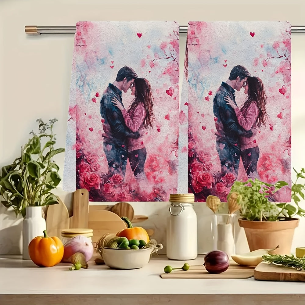 Set of 2 Ultra Soft Kitchen Towels Featuring Romantic Cherry Blossom & Heart Design, Exceptionally Absorbent, Easily Washable Dish Hand Towels. Ideal for Valentine's Day Decor, measuring 40.64x60.96 cm. Perfect Addition to Your Dish Towel Collection.