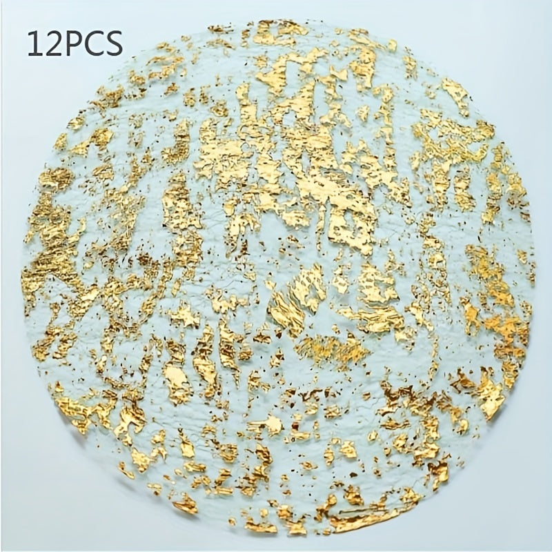 12 Golden Foil Round Placemats for weddings, parties, banquets, and restaurant decor.