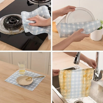 A pack of versatile blue plaid lazy rags for wet and dry use, perfect for cleaning kitchens. These high absorbency cloths are ideal for home and restaurant use as disposable dish towels or paper towels.