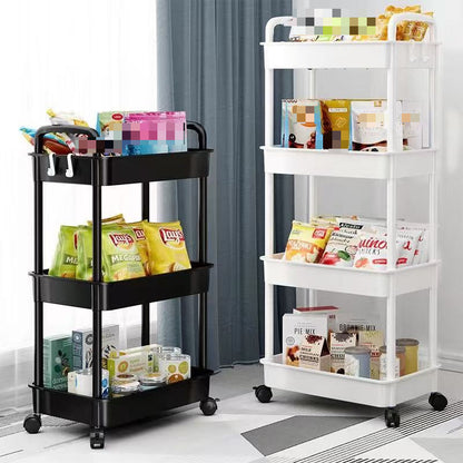 Durable plastic storage cart with multiple tiers for organizing kitchen, bathroom, and bedroom. Easy to assemble with baskets, bins, and containers for home organization.