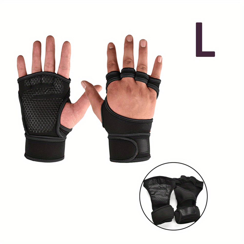 Half finger gym gloves with adjustable wrist support, ideal for pull-ups, barbell lifting and weightlifting. Made of breathable polyester fabric with hook-and-loop fastener closure in