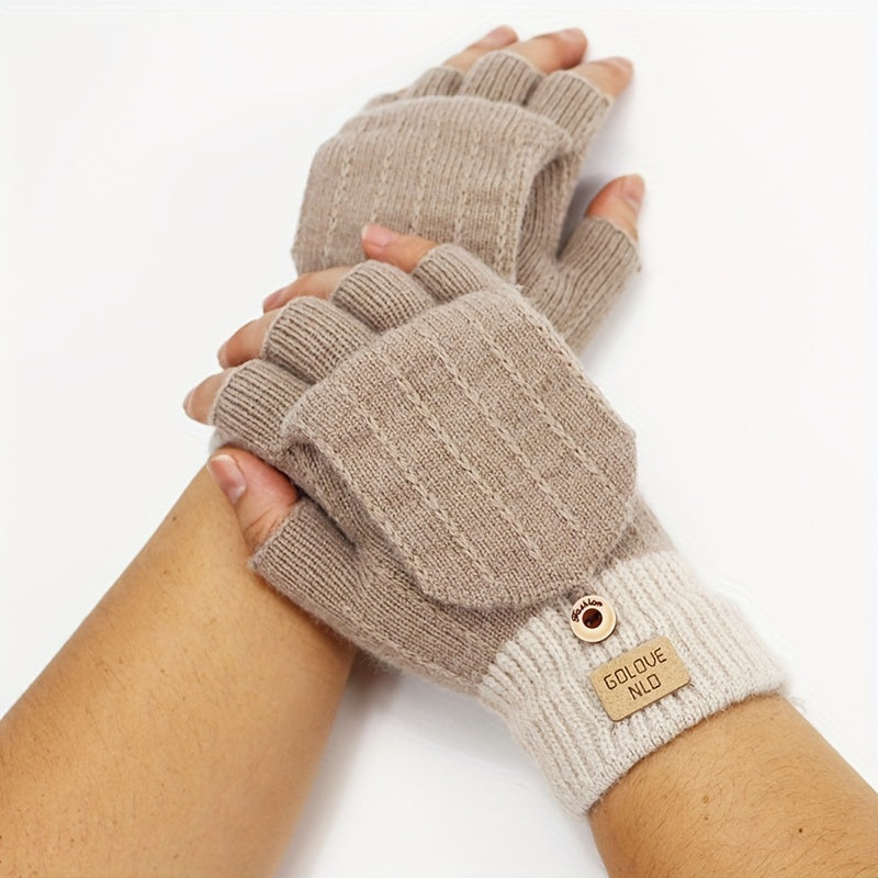 Stay warm and stylish in these women's knitted polyester flip gloves. These casual half-finger gloves come with a cover to keep your fingers cozy. Their solid color design is both classic and versatile, while the elastic material ensures a comfortable